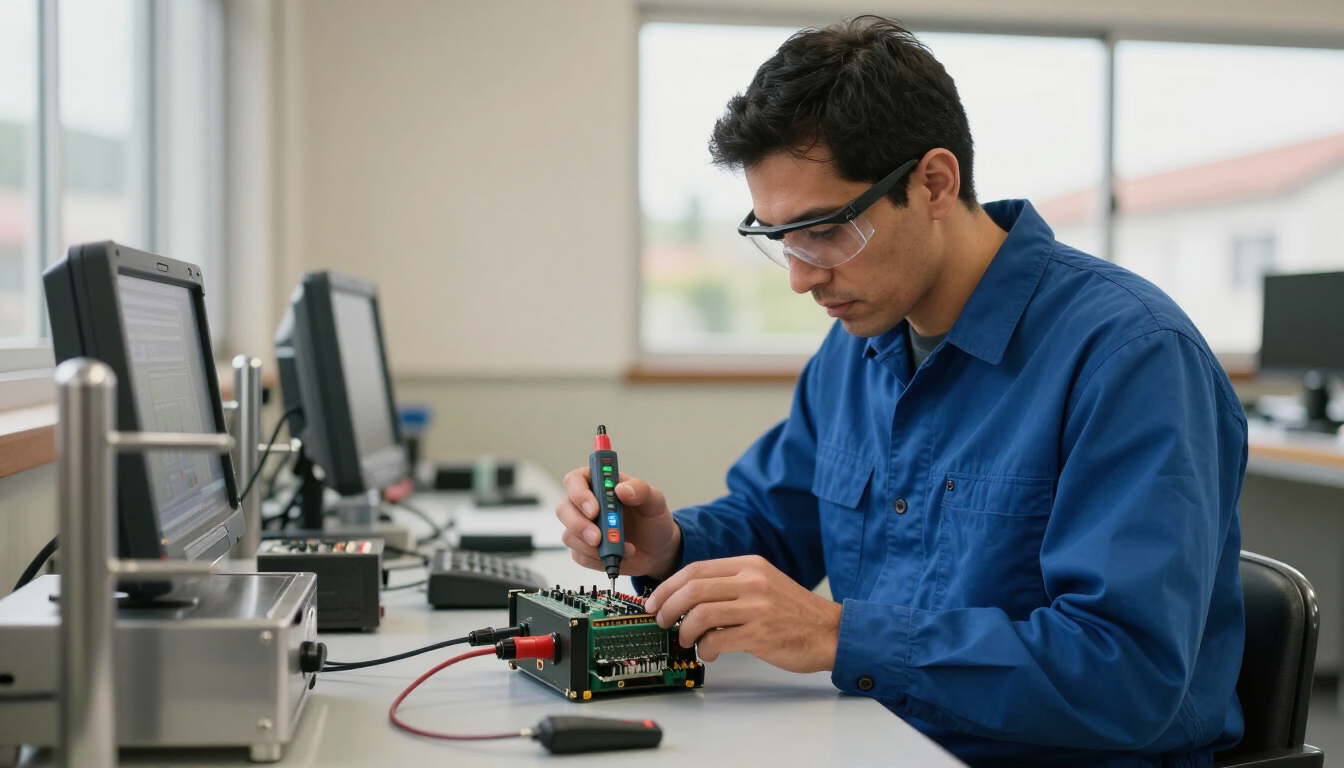 Técnico con camisa azul reparando una placa de circuito electrónico en un banco de trabajo con monitores cerca.
