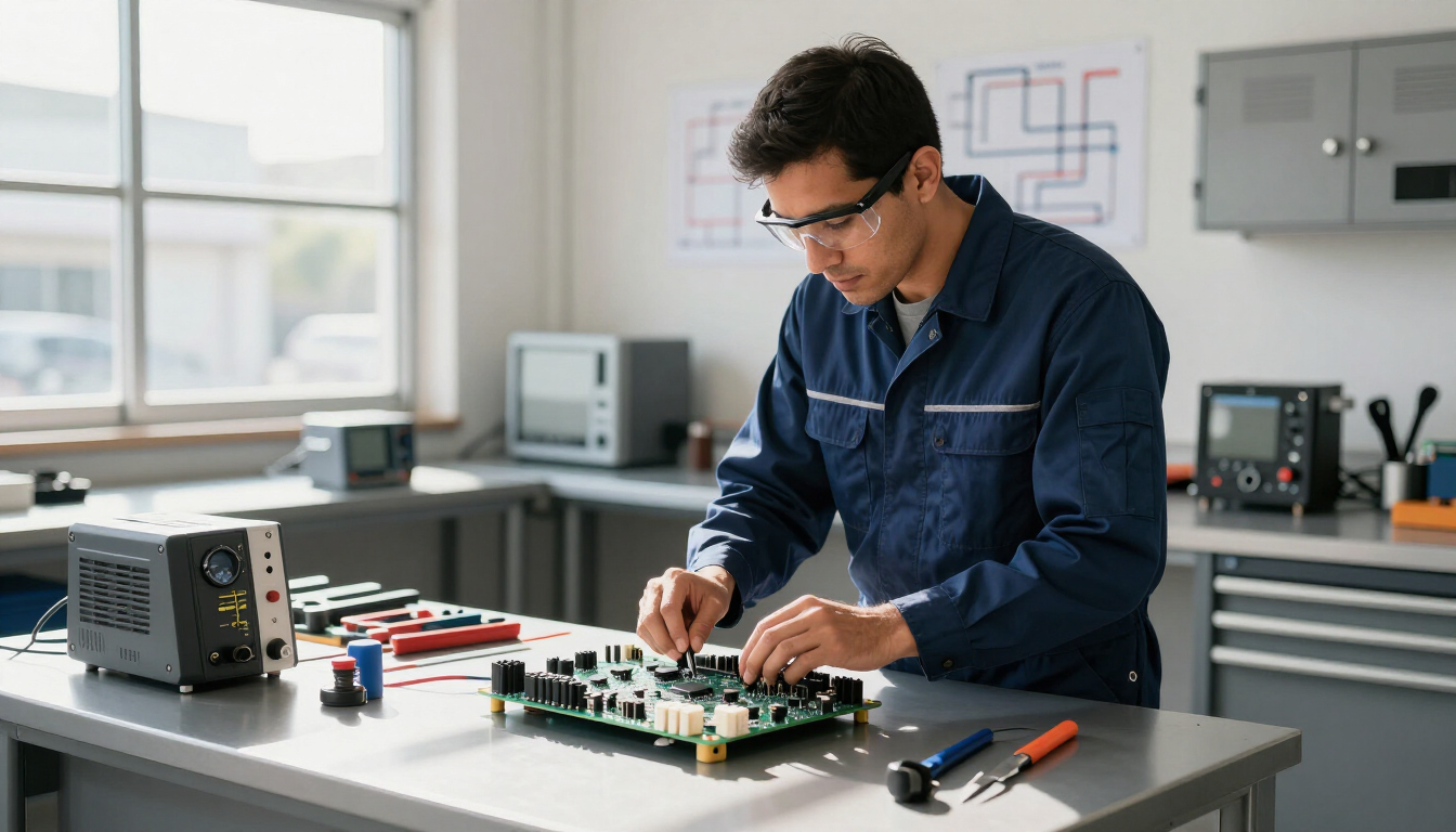 Técnico ensamblando una placa de circuito impreso en un banco de trabajo en un luminoso laboratorio de electrónica.