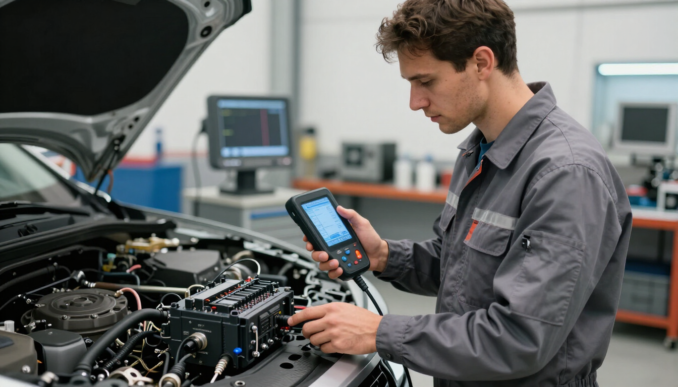 Mecánico utilizando una tableta de diagnóstico para inspeccionar el motor de un automóvil en un taller.