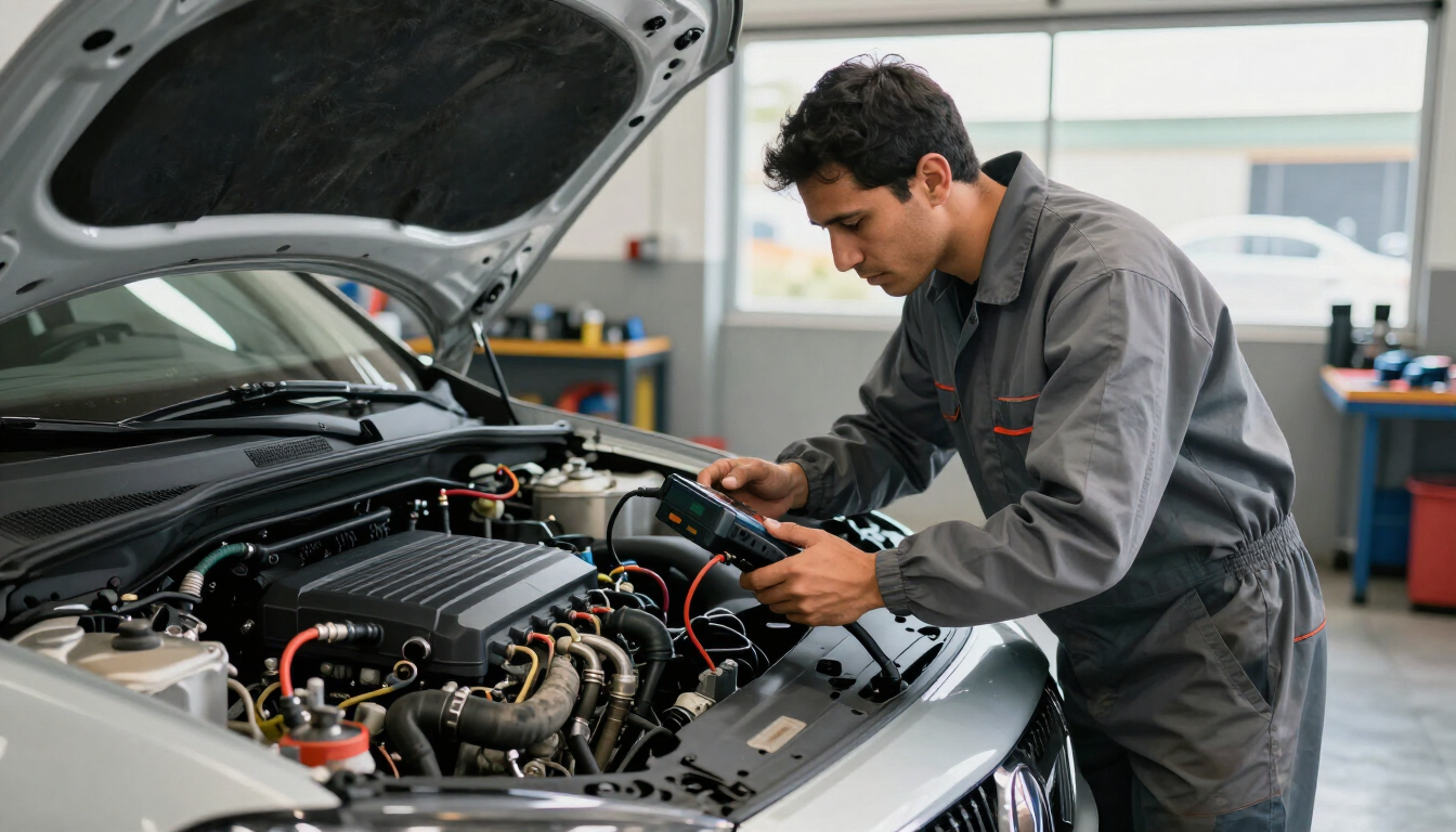 Mecánico inspeccionando el motor de un coche en un taller con el capó abierto.
