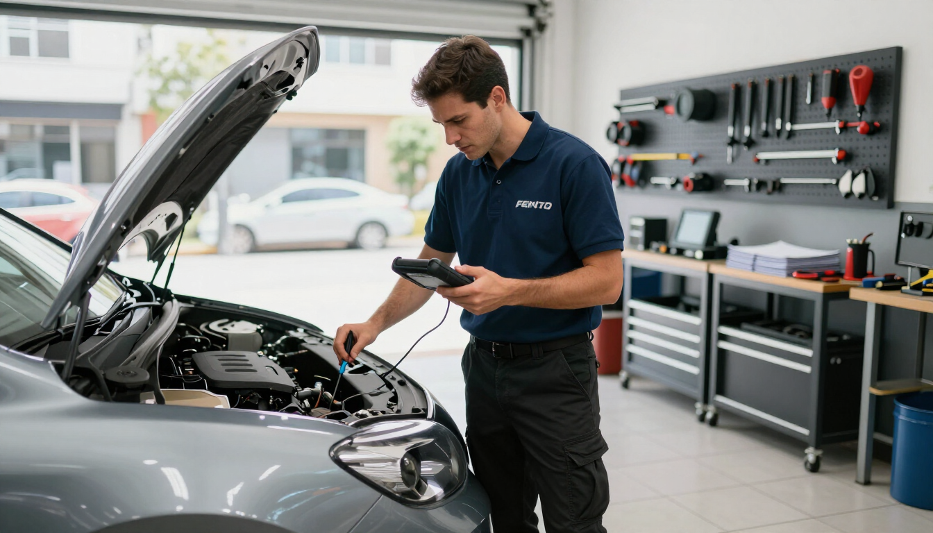 Especialista en electrónica automotriz realizando un diagnóstico computarizado