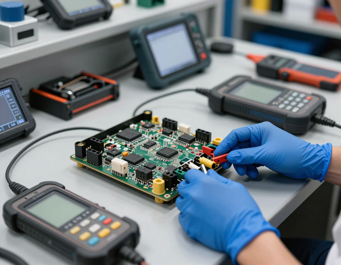 Módulo electrónico automotriz y herramientas de diagnóstico sobre una mesa de trabajo