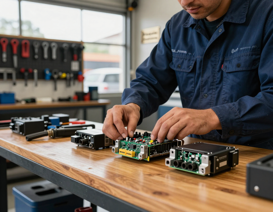 Técnico revisando módulos electrónicos de un automóvil