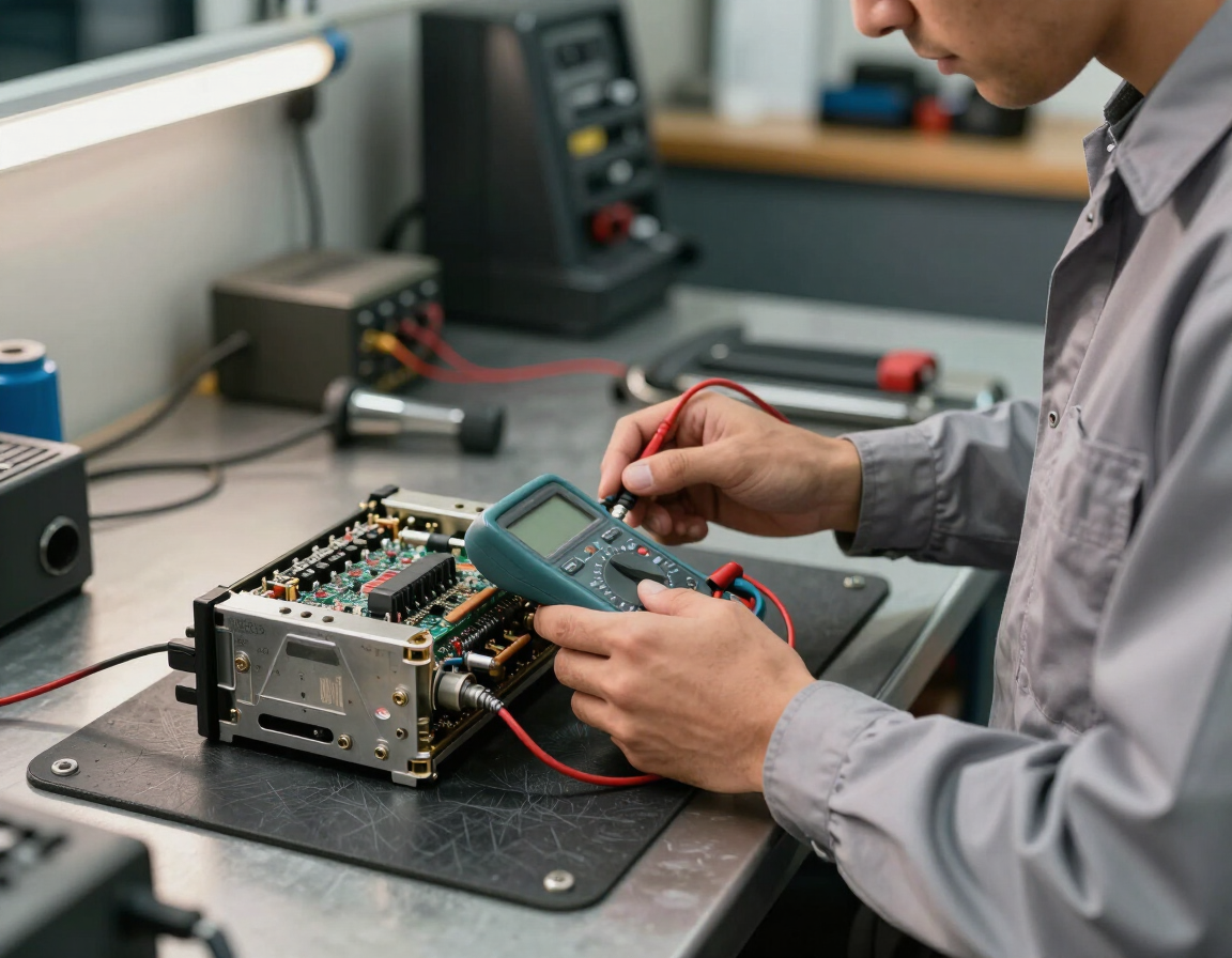 Técnico revisando componentes electrónicos de un módulo ABS