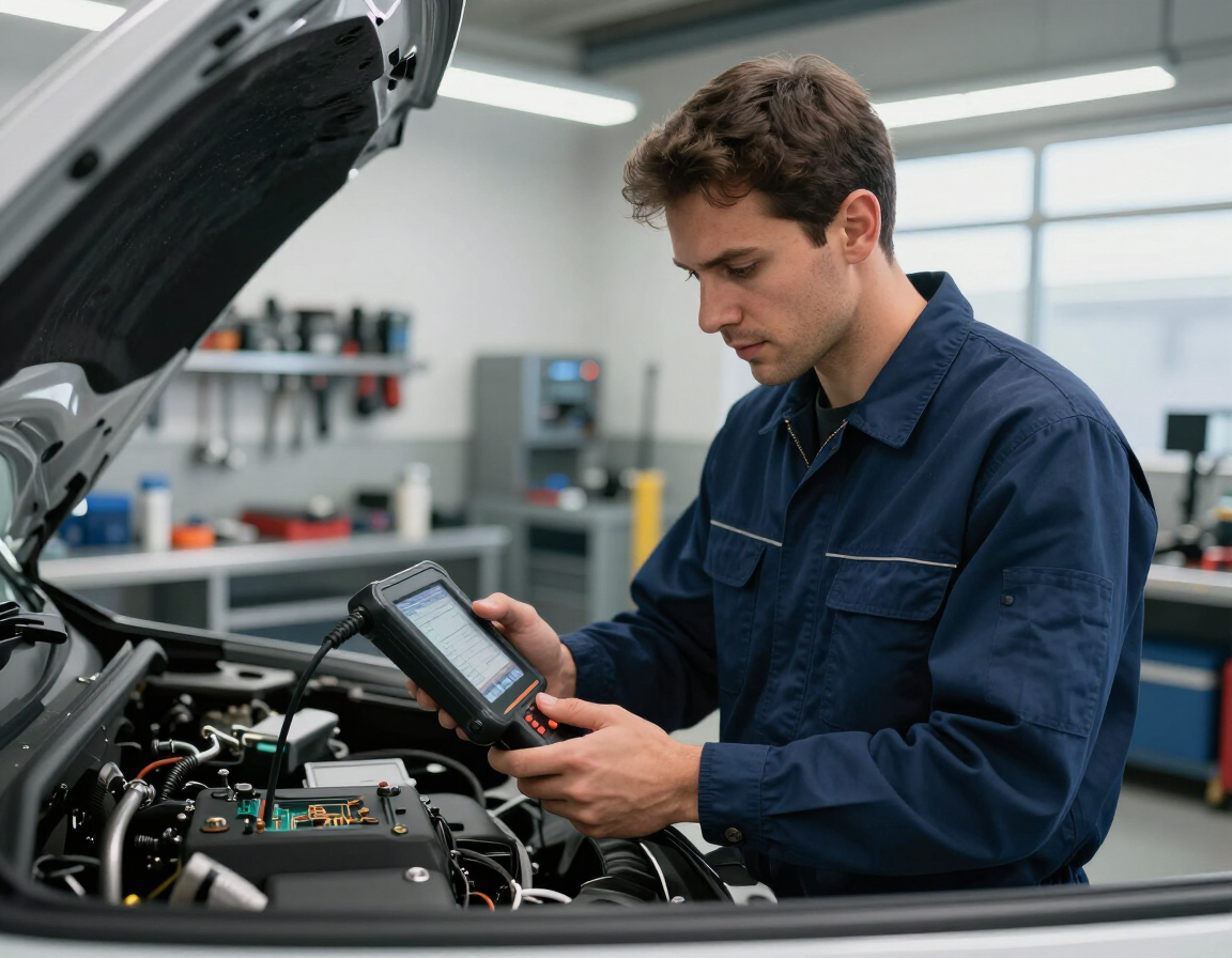 Técnico realizando diagnóstico electrónico en el interior de un automóvil