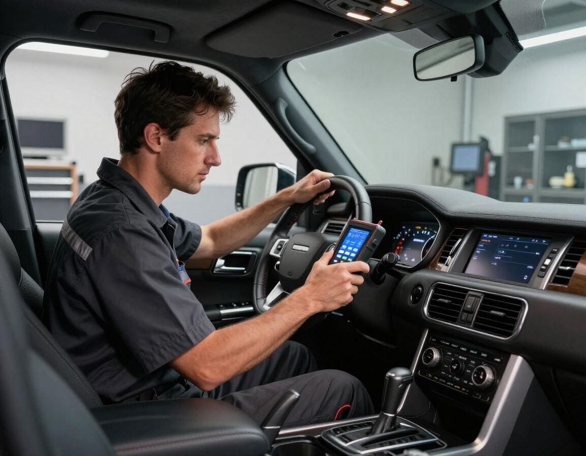 Técnico realizando diagnóstico electrónico en una camioneta 4x4