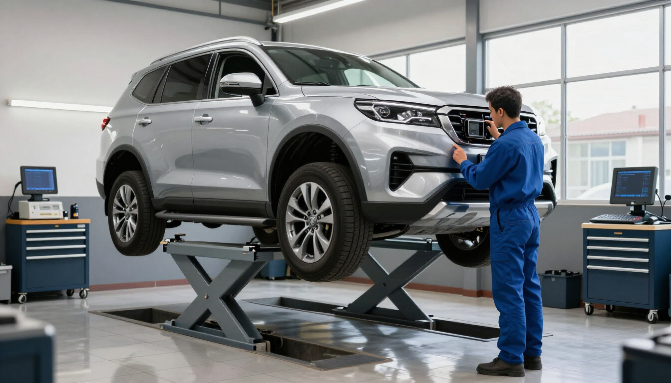 Camioneta SUV 4x4 en revisión electrónica dentro de un taller