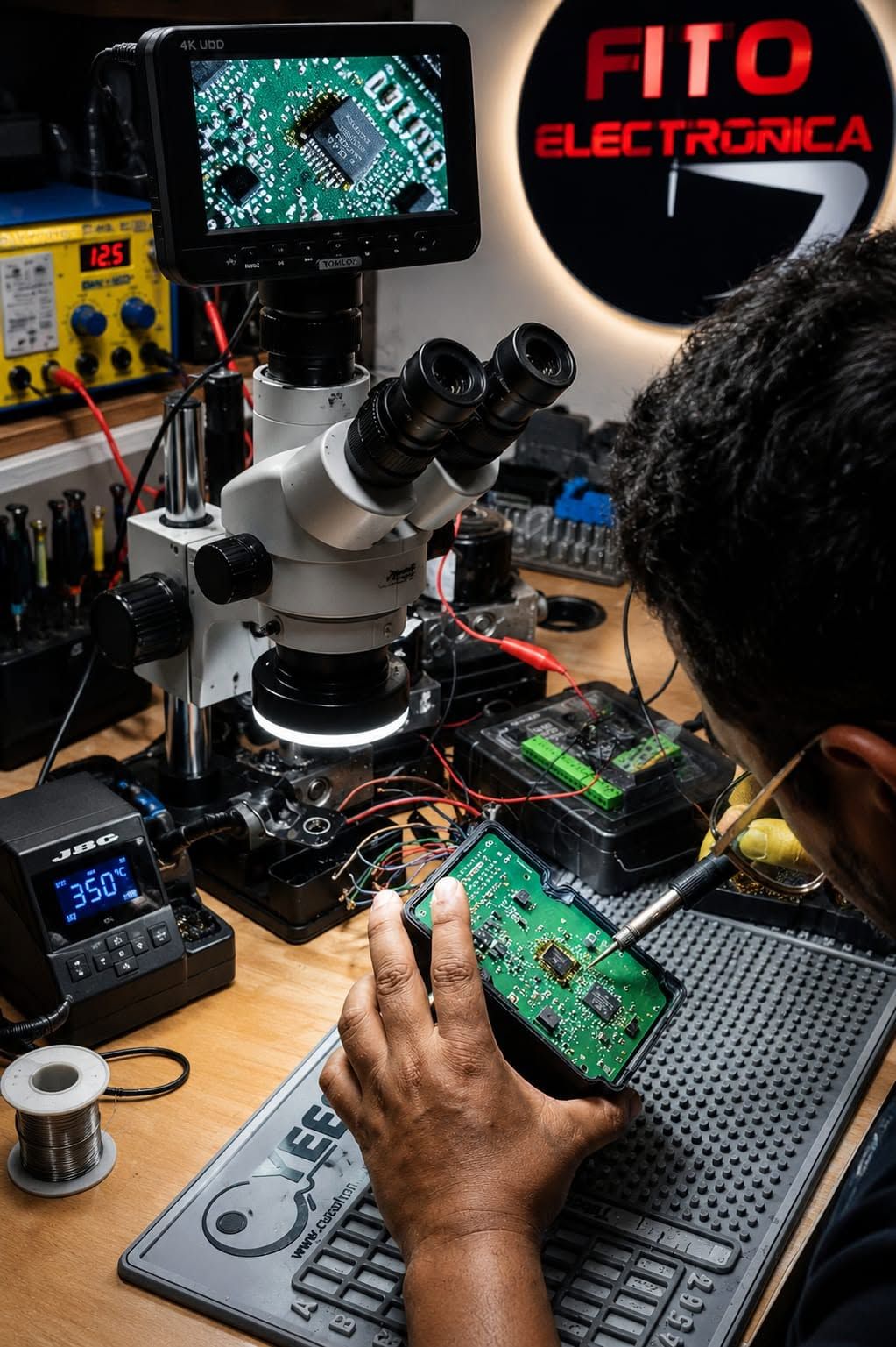 Un técnico repara una placa de circuito impreso en una mesa de microscopio con herramientas electrónicas y un monitor.