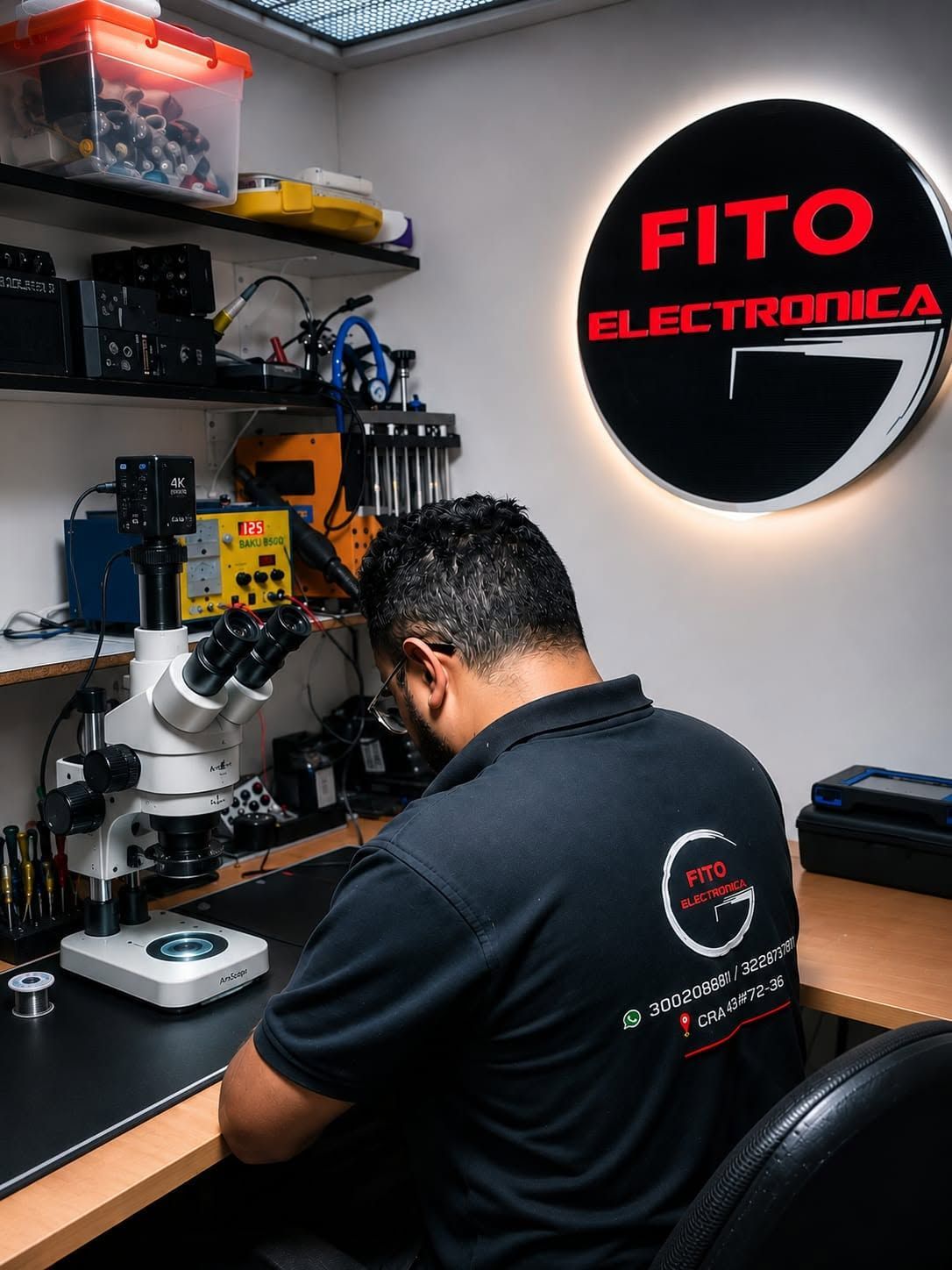 Técnico trabajando en un banco de reparación de electrónica desordenado junto a un letrero luminoso de “FITO ELETRONICA”.