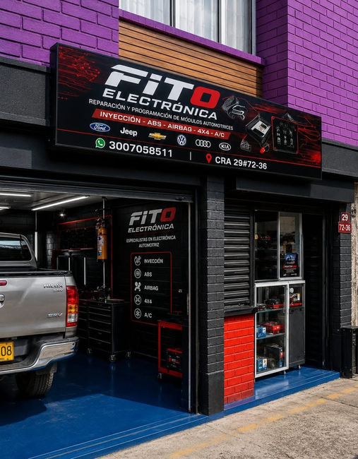 Fachada de una tienda de electrónica automotriz con letreros negros y rojos