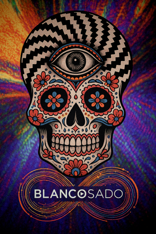 Skull with third eye, floral designs, and the words 