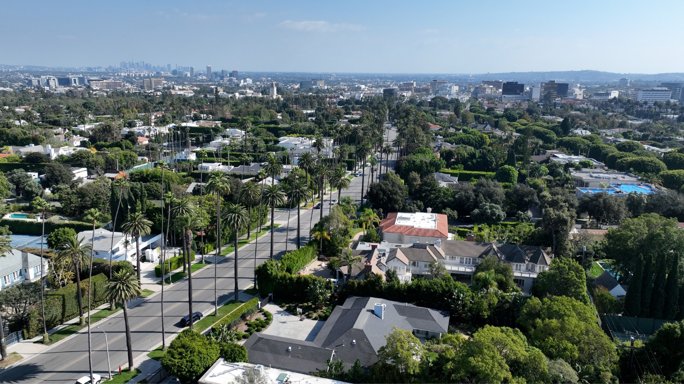 Aerial view of a Los Angeles street lined with palm trees and large houses under a blue sky.