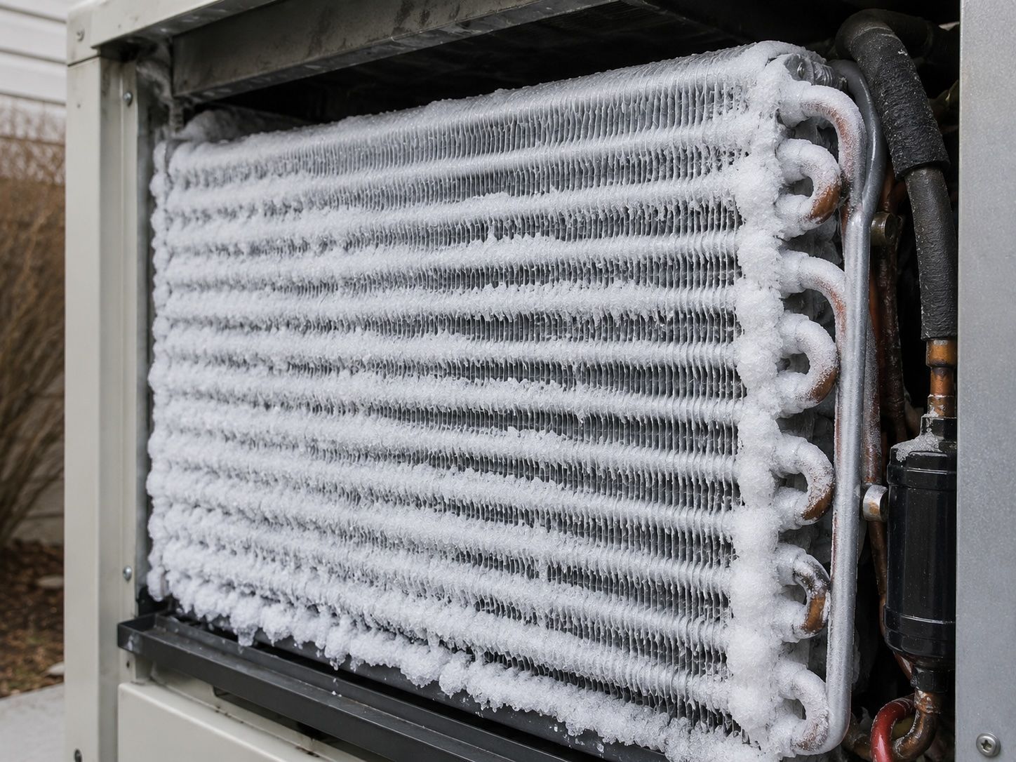 Ice buildup on the refrigerant lines of a frozen AC evaporator coil