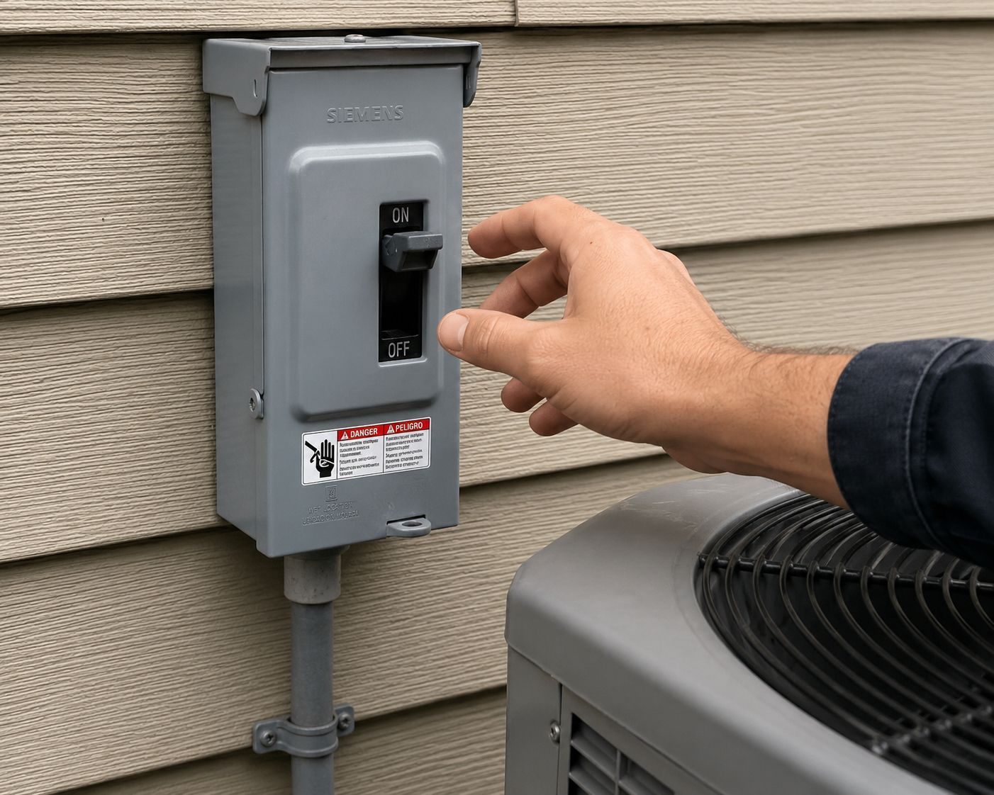 Outdoor AC disconnect switch beside a residential condenser unit, shown in the on position