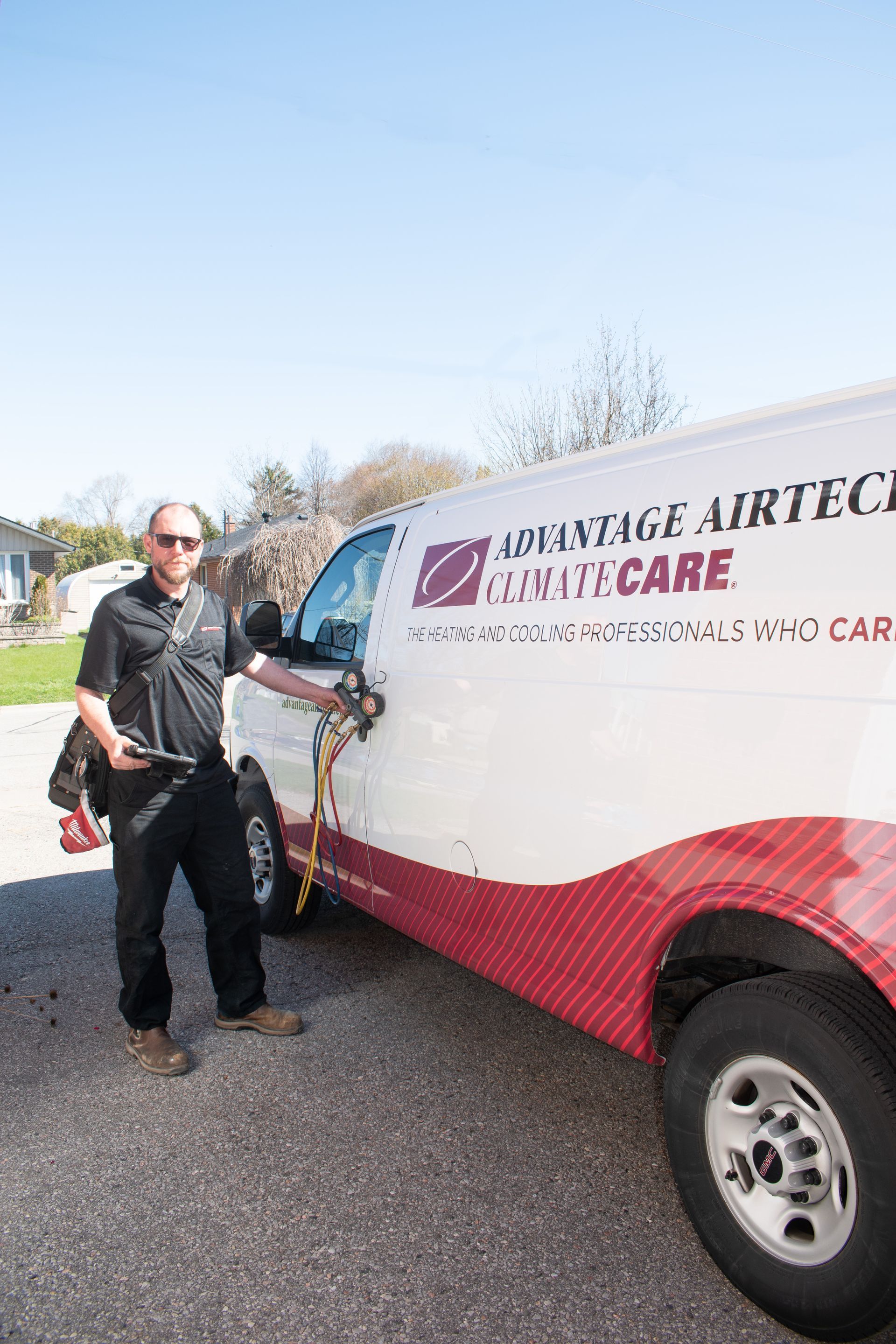Advantage Airtech ClimateCare service truck at a Durham Region home, ready for AC repair