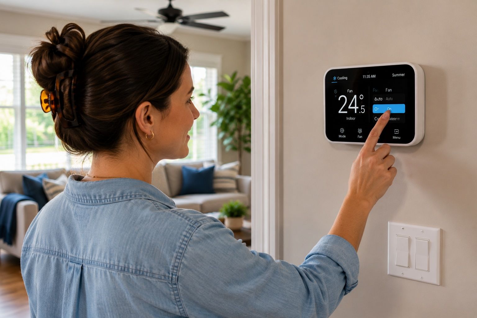 Homeowner adjusting a residential thermostat to cool mode during summer