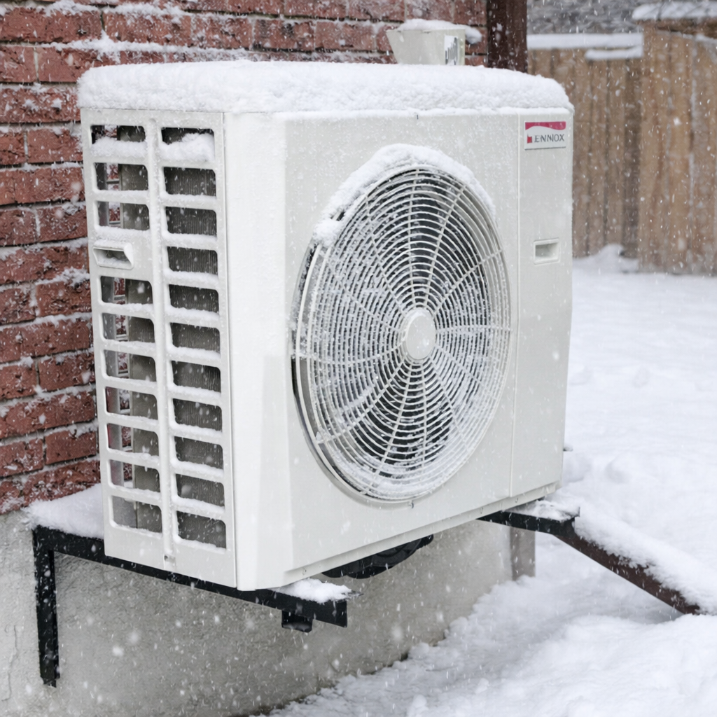 Outdoor heat pump operating in winter with snow on the ground beside a home