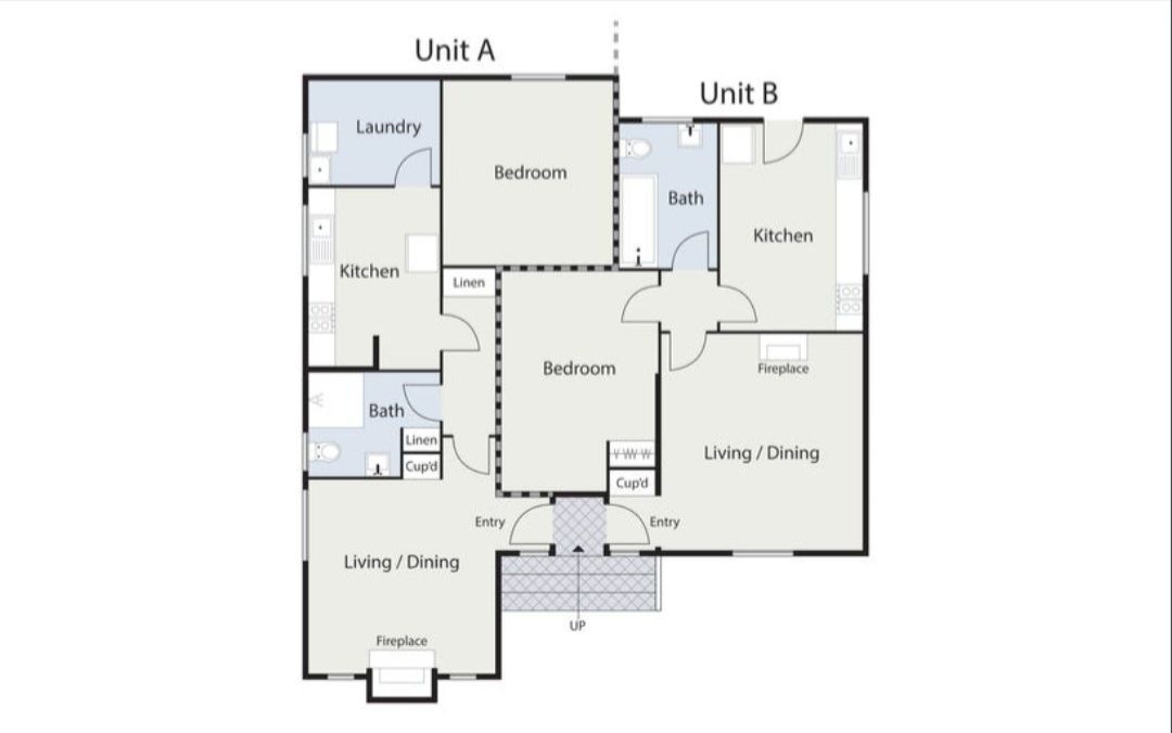Floor Plan Layout of Two Side-by-side Units, Each With a Living Area, Bedrooms, Bathroom, Kitchen, and Laundry — Elimar Construction in Goulburn, NSW