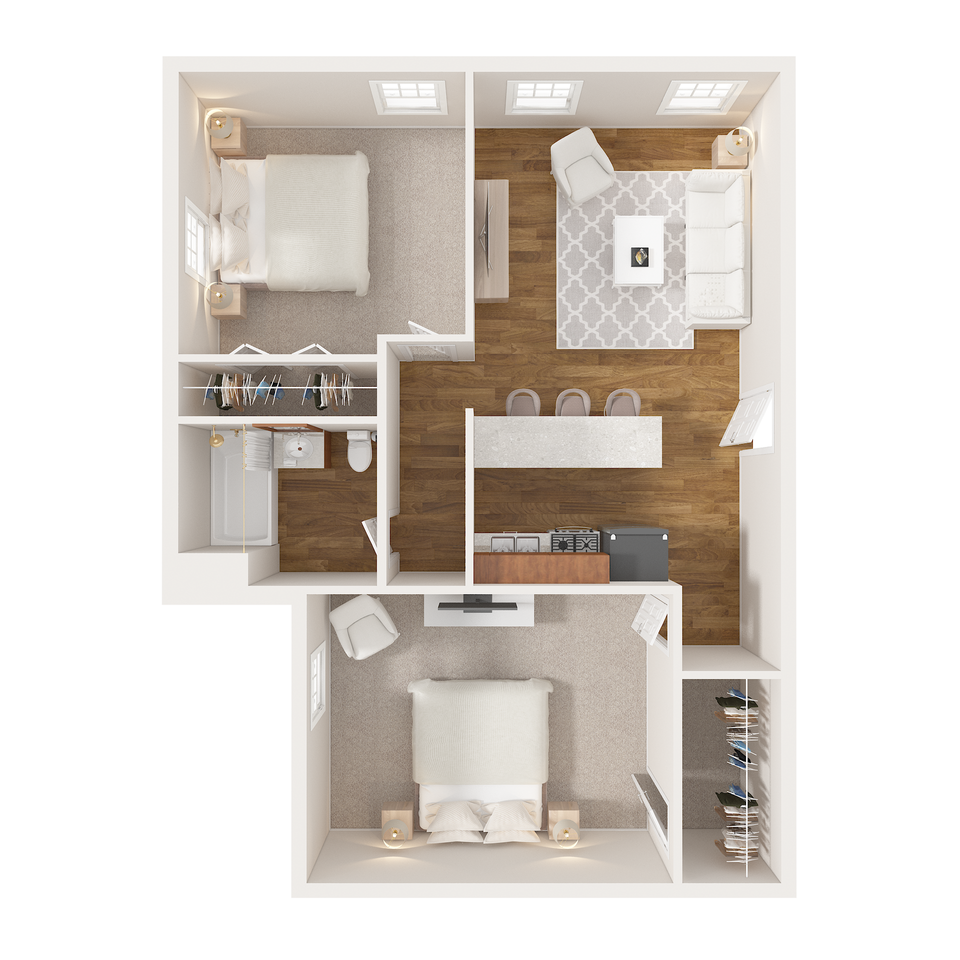 Floor plan of a two-bedroom apartment. Includes living room, kitchen, bedrooms, and a bathroom.