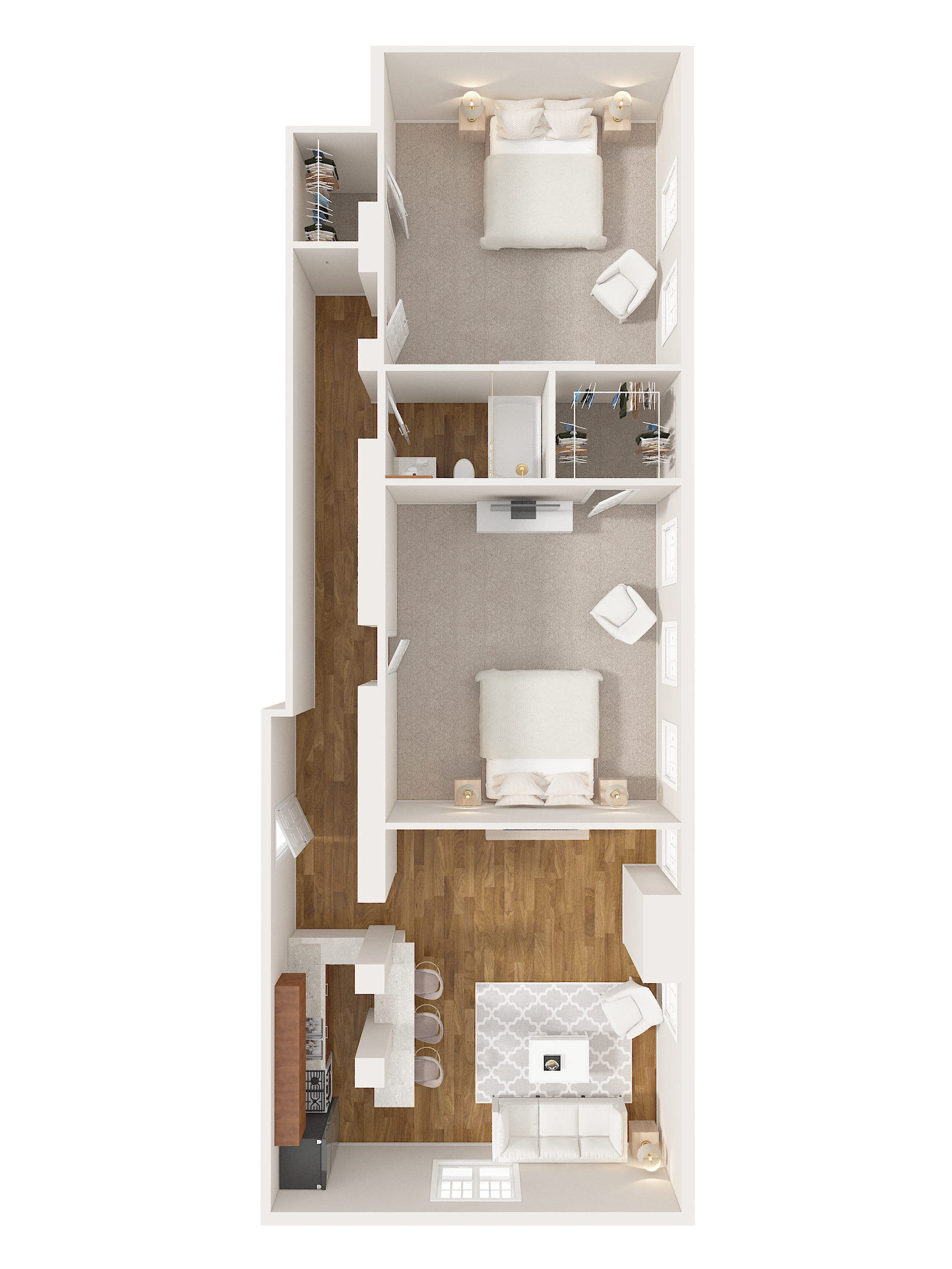 Floor plan of a narrow two-story apartment. Bedrooms, living areas, kitchen, and two bathrooms.