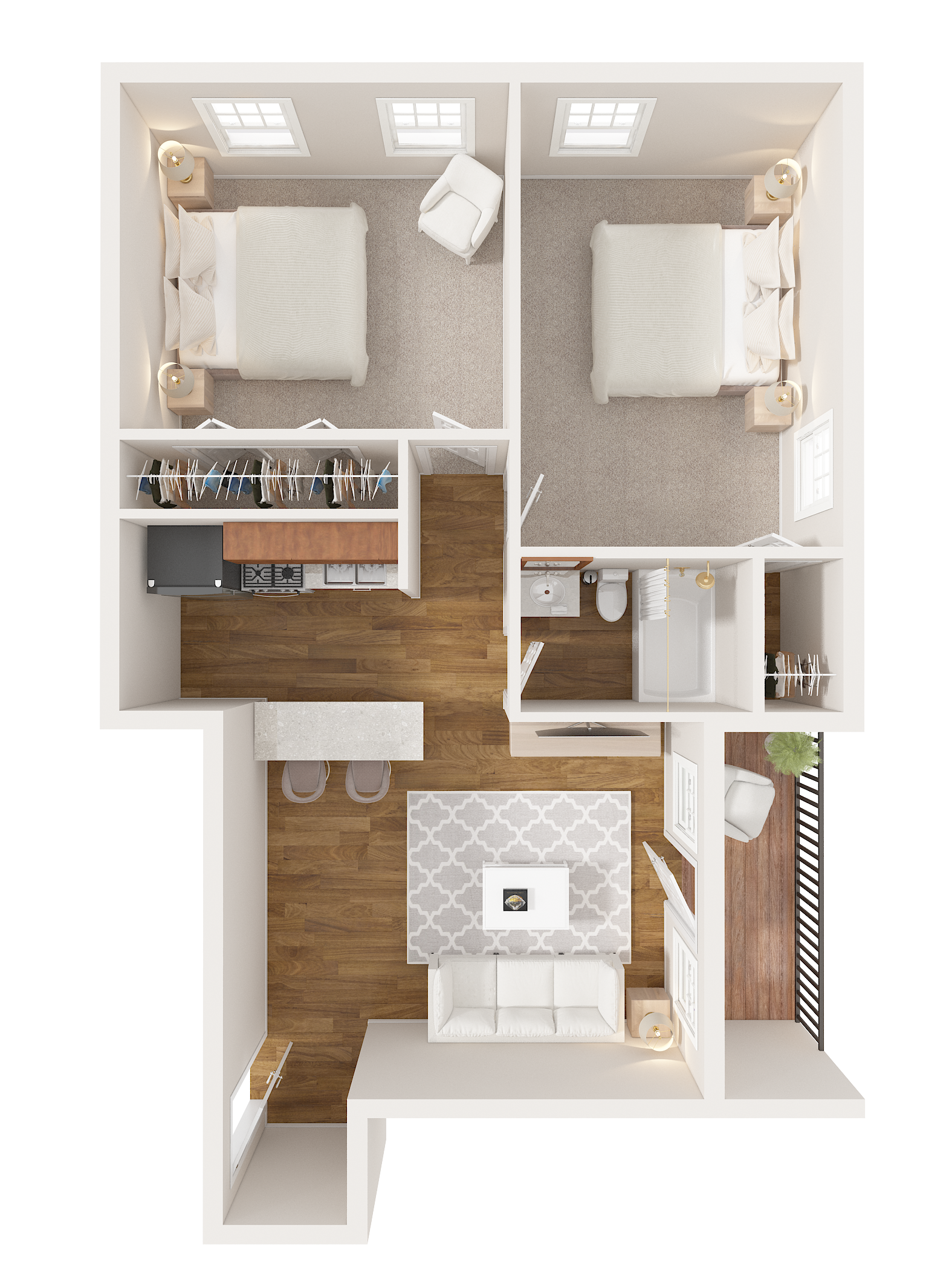 Floor plan of a two-bedroom apartment with furniture: bedrooms, living room, bathroom, and small balcony.