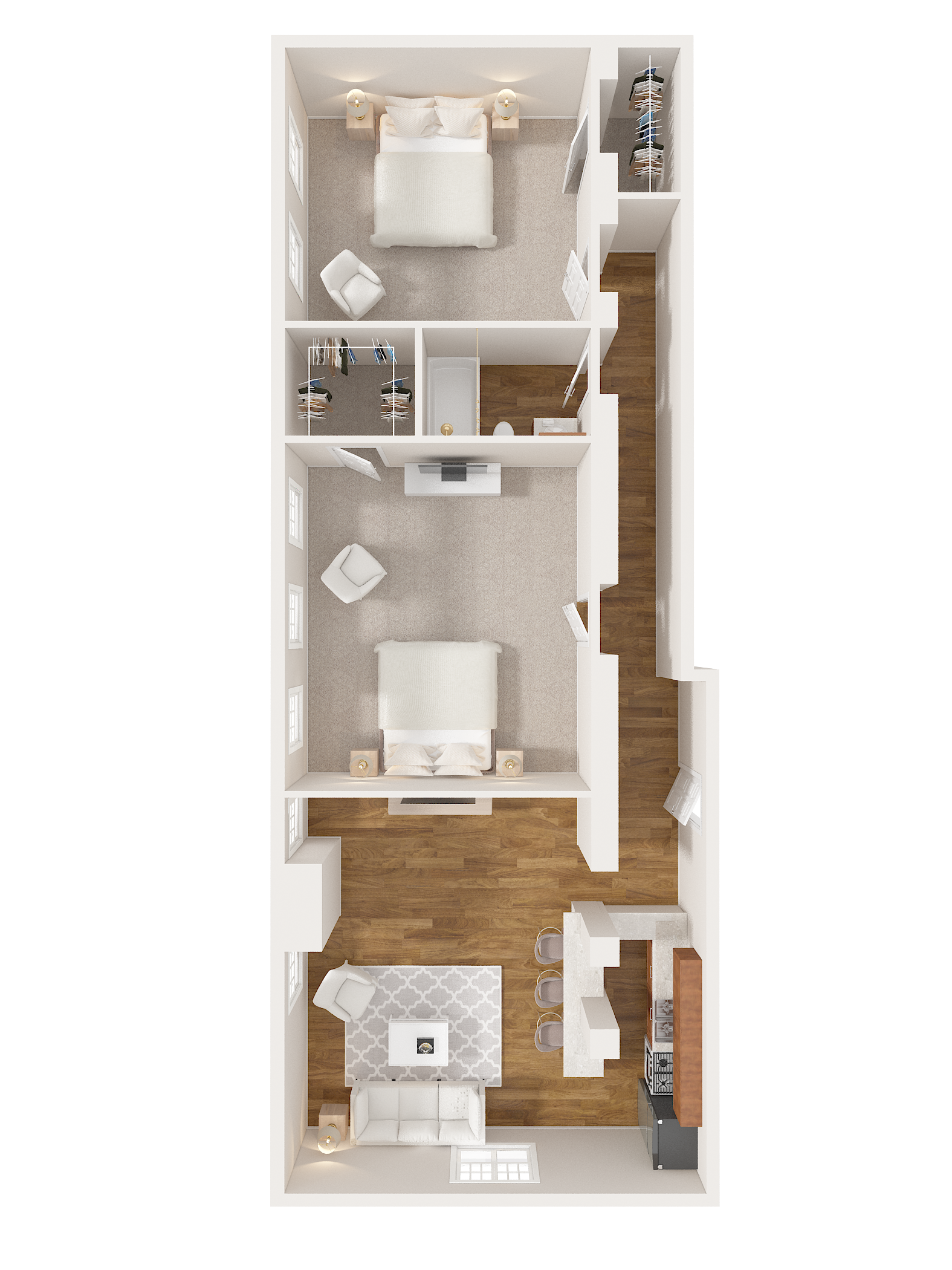 Floor plan of a long, narrow apartment. Two bedrooms, a bathroom, and a living area are visible.