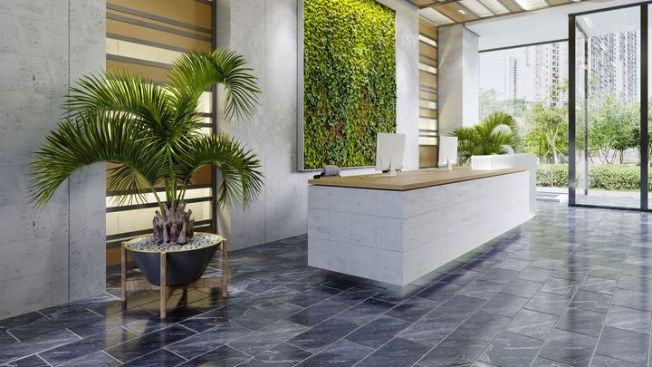 Modern office reception area with white desk, living plant wall, and potted palm.