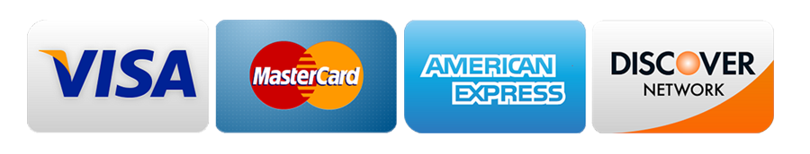 Visa, Mastercard, American Express, and Discover card logos.