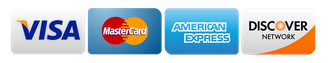 Visa, Mastercard, American Express, and Discover card logos.