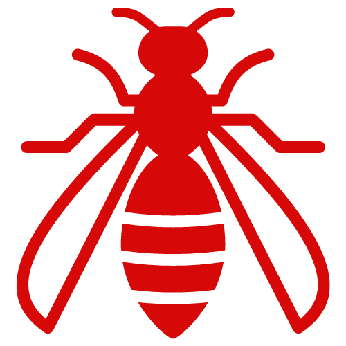 A red icon of a bee on a white background.