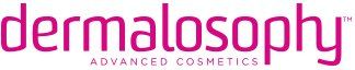 The logo for dermalosophy advanced cosmetics is pink and white.