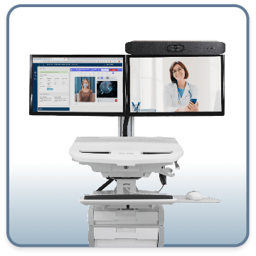 estación de telemedicina con dos monitores, equipo de videoconferencia y software