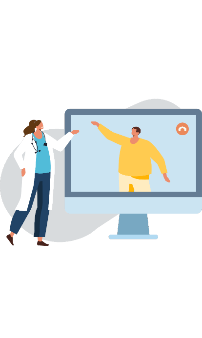 Médico señala a un paciente en la pantalla de una computadora durante una cita de telesalud.