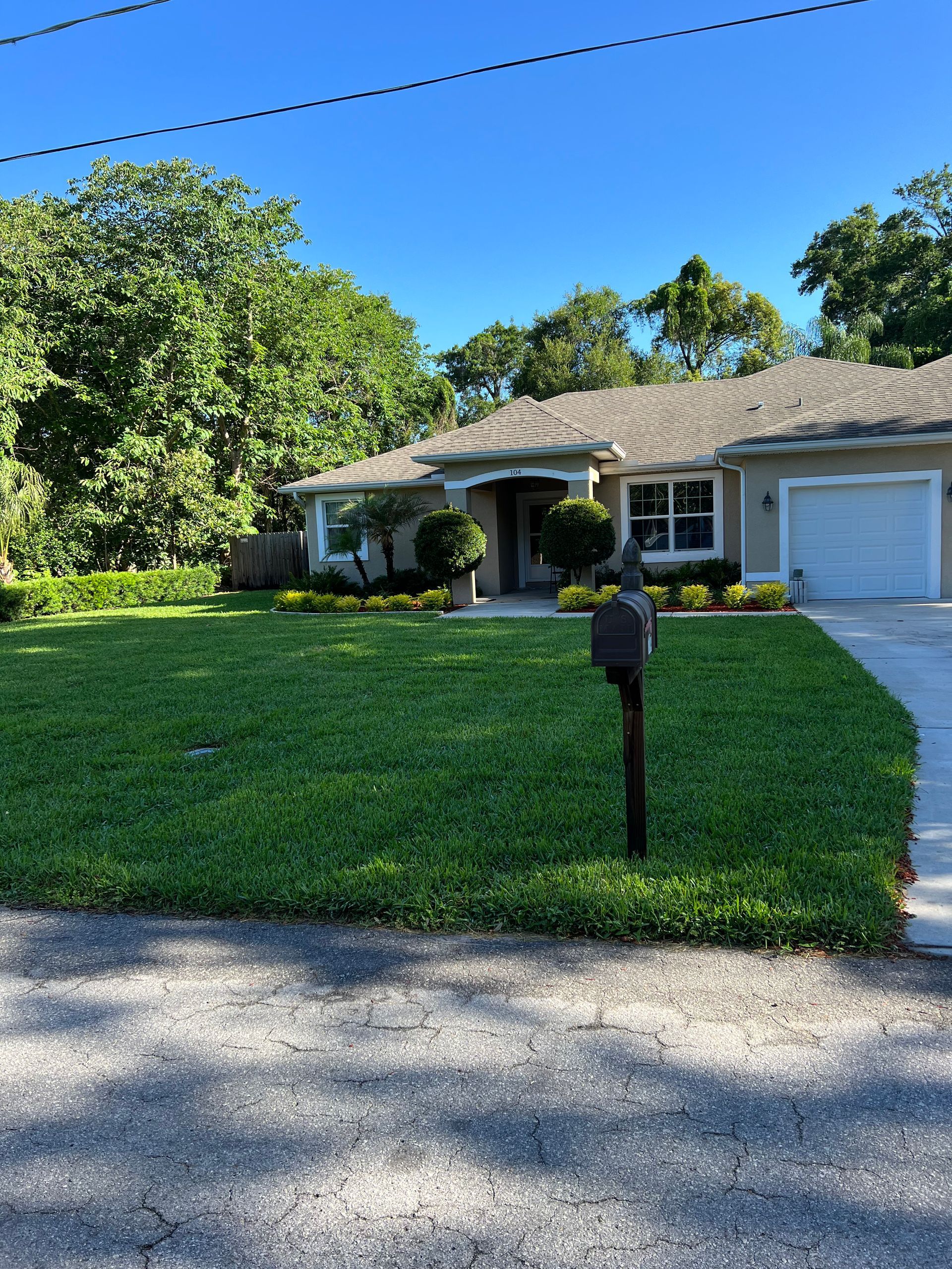 House with green lawn, trees, and blue sky. A mailbox is in the front yard.