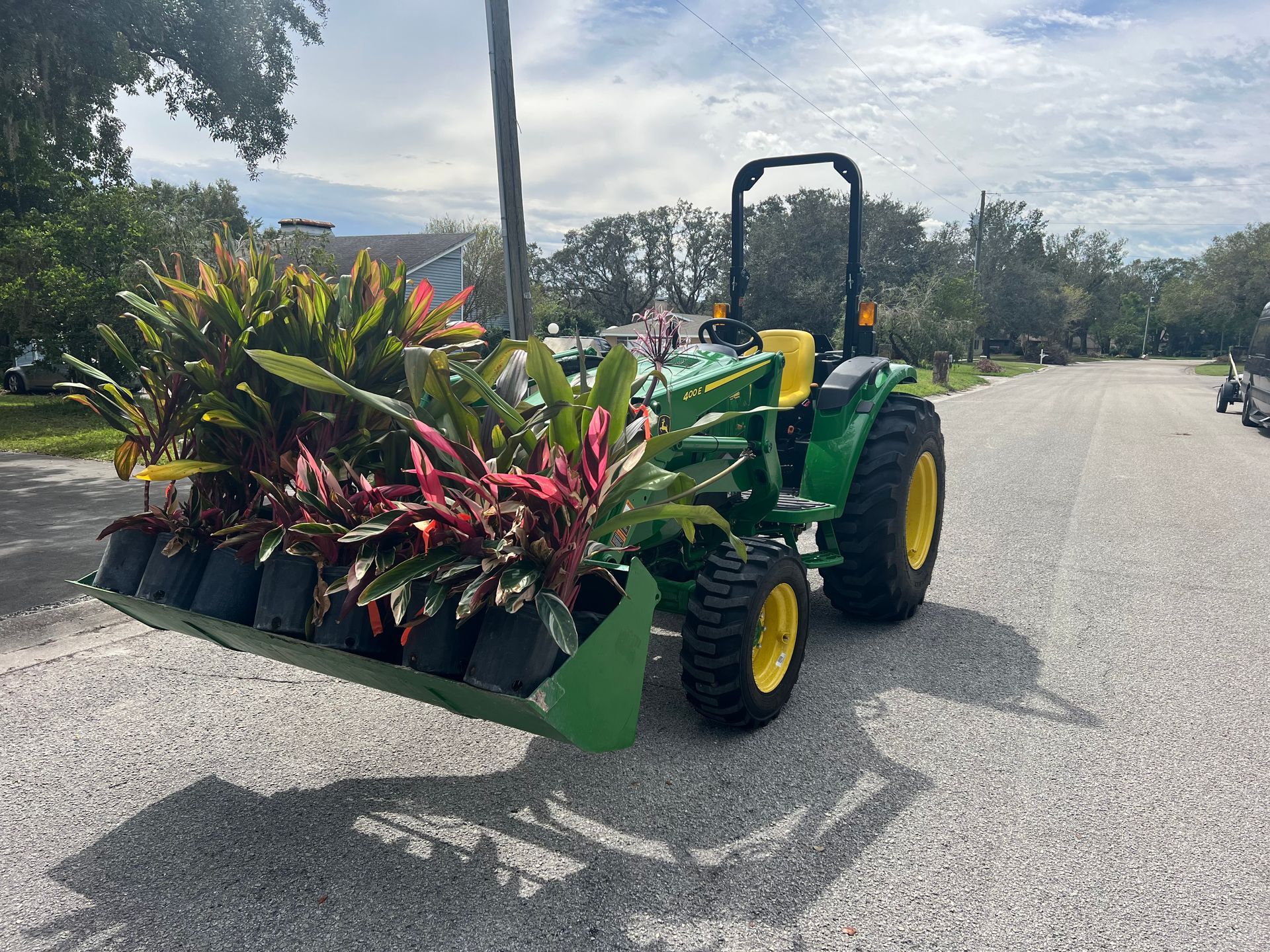 Green tractor with a load of potted plants on a road.