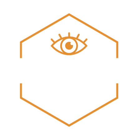 Gold hexagonal frame with a line art eye at the top; blank space in the center.