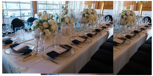 Elegant banquet table set with white floral centerpieces, candles, glassware, and black napkins in a bright venue