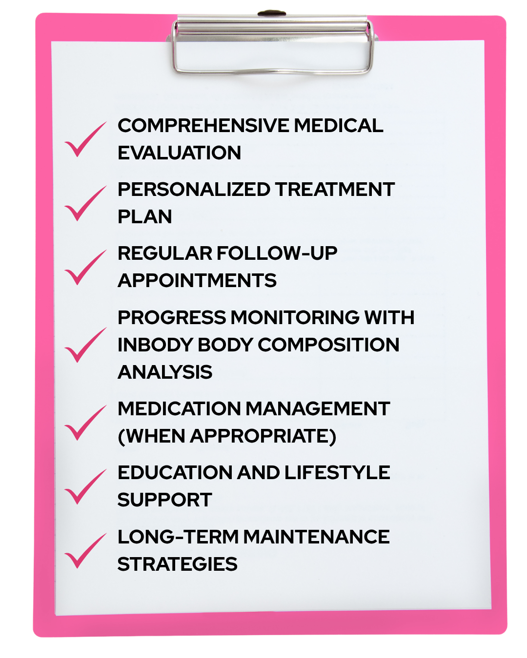 Pink clipboard checklist with medical evaluation, treatment plan, follow-up, body composition analysis, and support steps