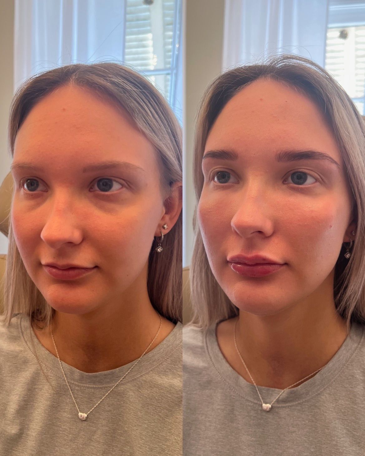 Side-by-side portrait of a woman with neutral expression, before and after wearing a gray top and necklace indoors by a window.