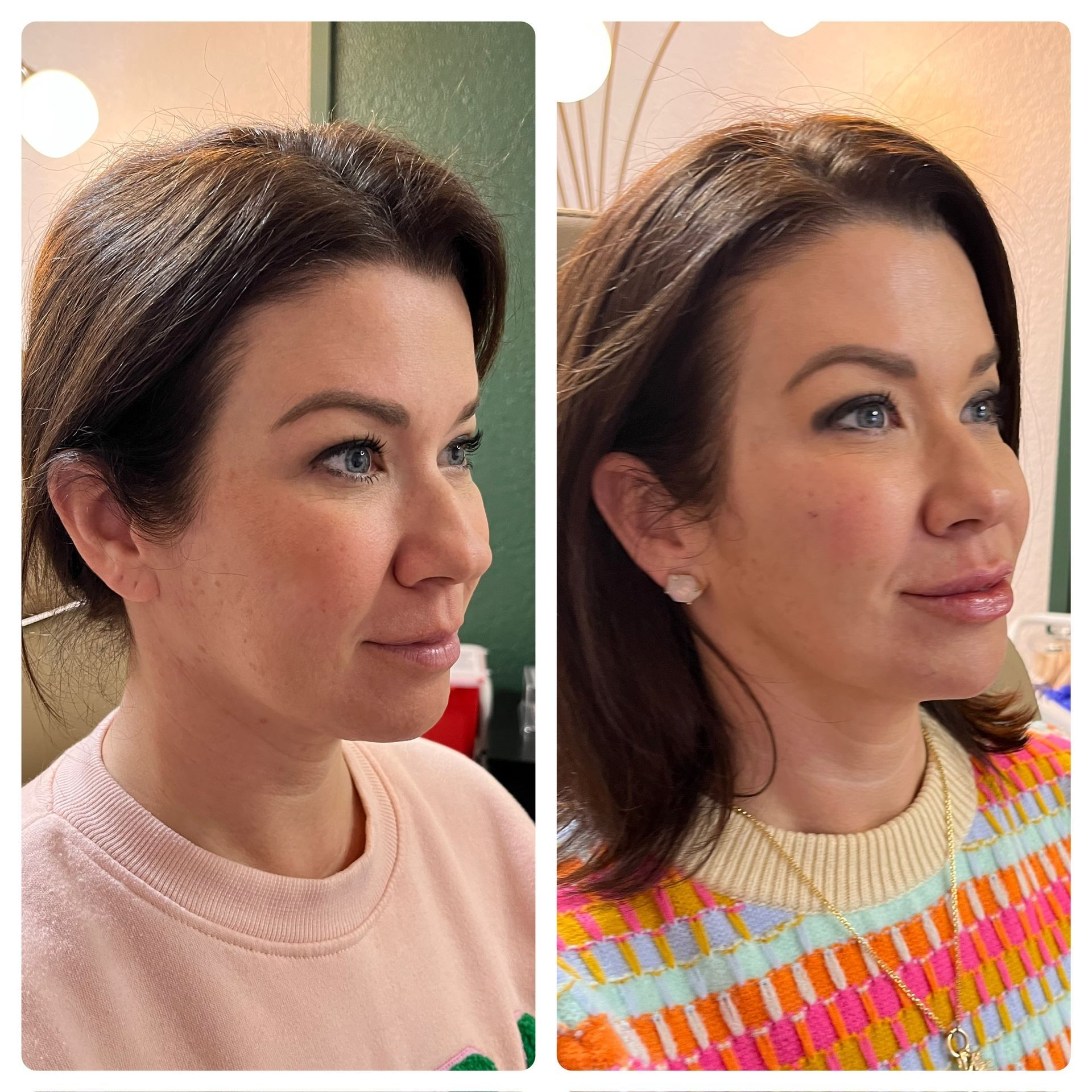 Side-by-side profile portraits of the same woman, one in a pink top and one in a colorful sweater, indoors.