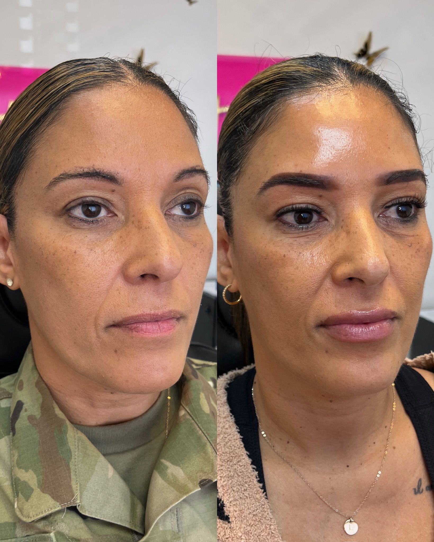 Side-by-side portrait of the same woman, before and after.