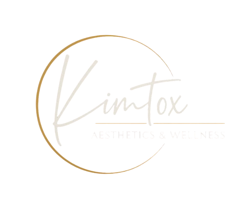 Gold circular logo with pale script text reading “Kimtox Aesthetics & Wellness”