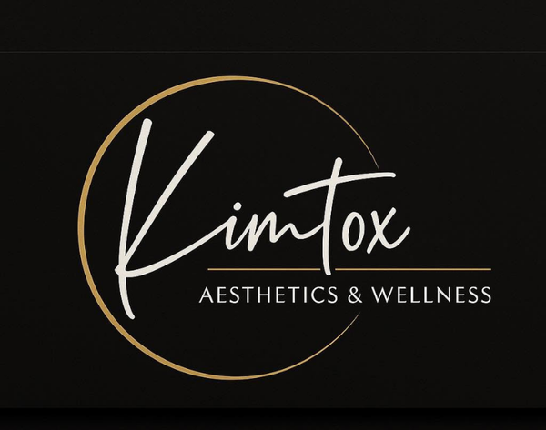 Kimtox Aesthetics & Wellness logo in white and gold on a black background