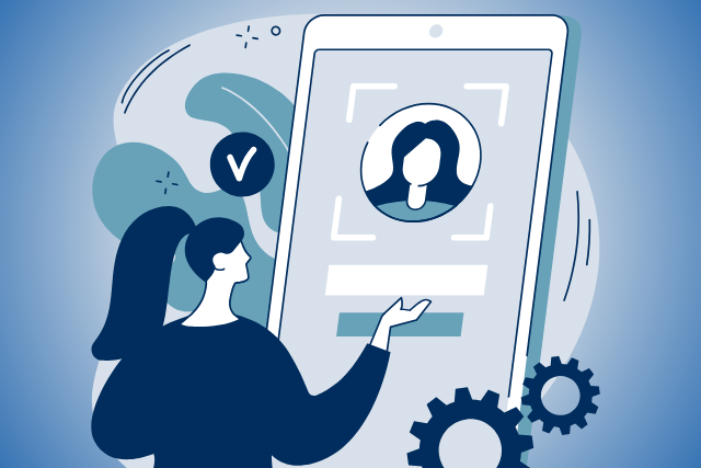 A woman is holding a cell phone with a picture of remote I-9 verification.