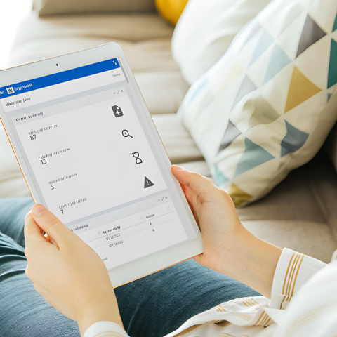a woman is sitting on a couch holding a tablet with an electronic I-9 