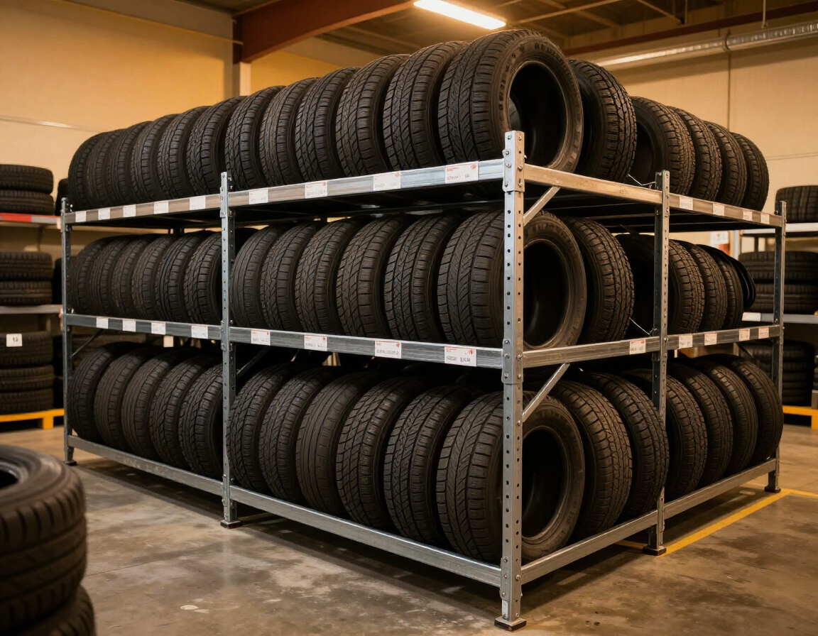 Magazzino gomme organizzato con scaffalature metalliche