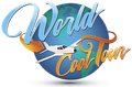 World Tour logo with globe, airplane, and blue and orange script text