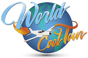 World Tour logo with globe, airplane, and blue and orange script text