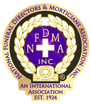National Funeral Directors & Morticians Association, Inc. gold and purple emblem with laurel wreath and cross icon