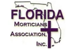 Florida Morticians Association, Inc. logo with purple text, Florida outline, and a purple cross